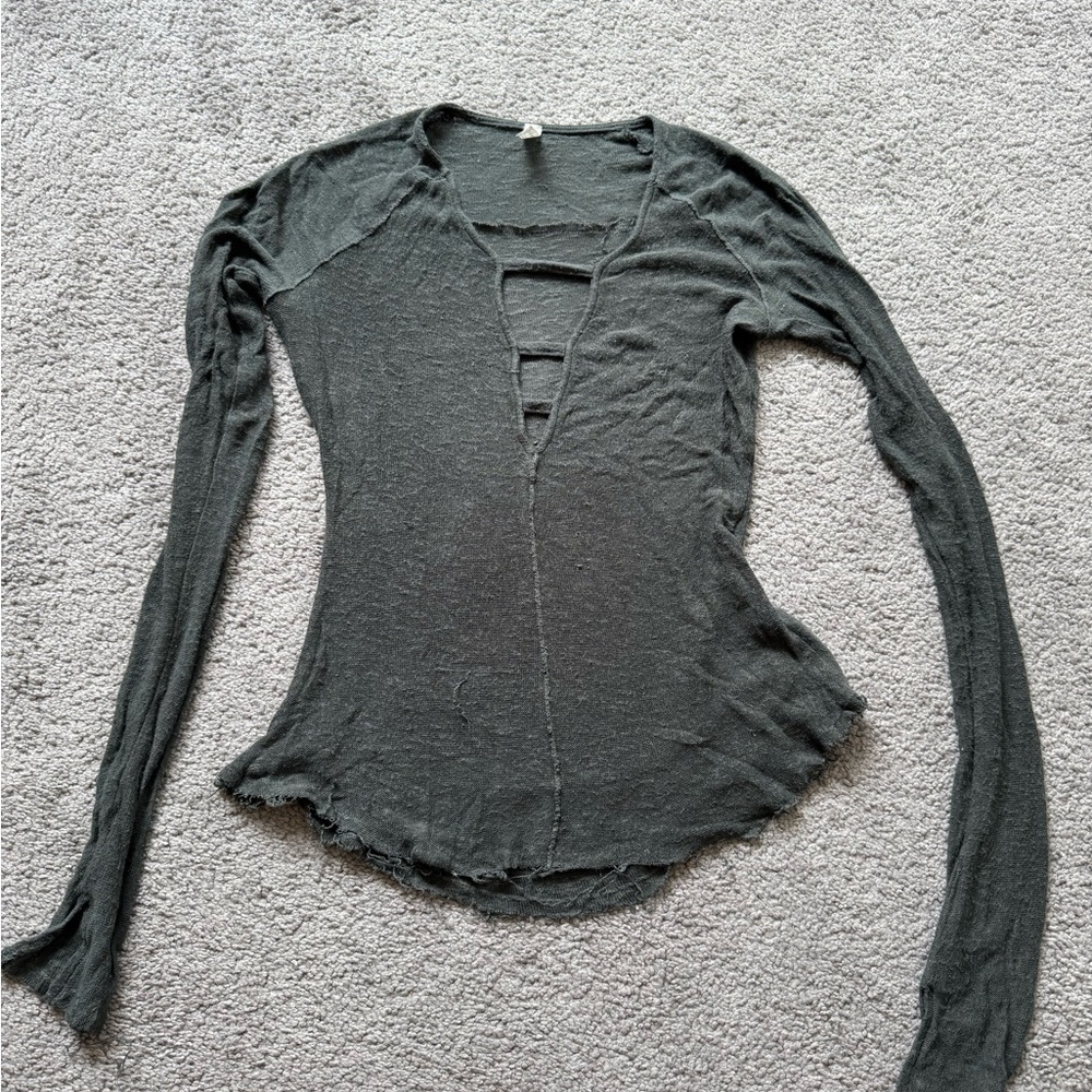 Free People Gray Fitted Blouse with Cut Out Details